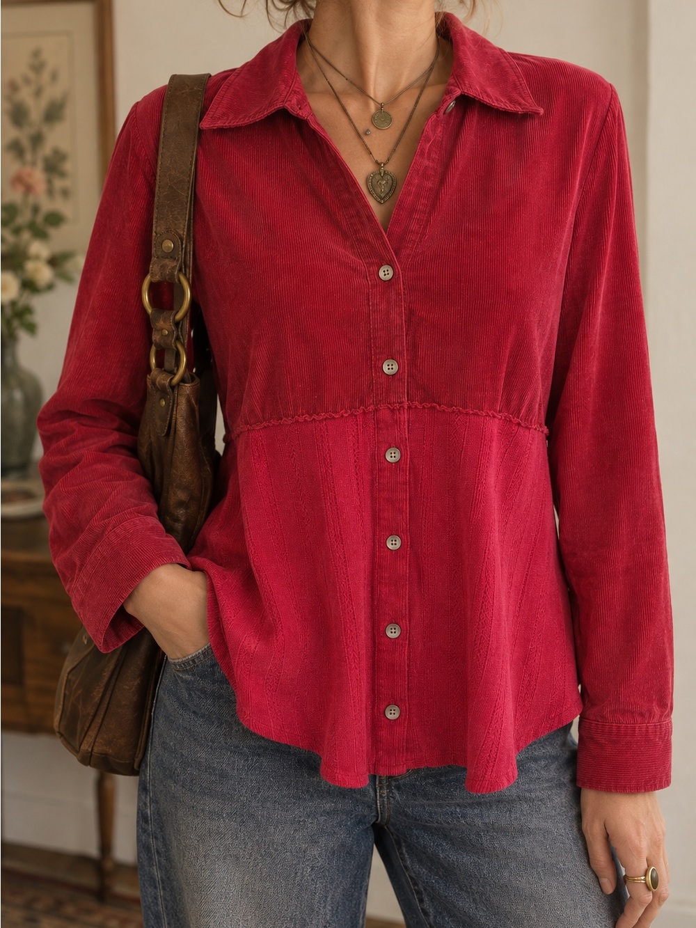 Y2K Vintage J. Jill Corduroy Cotton Burgundy Red Button Down Blouse
